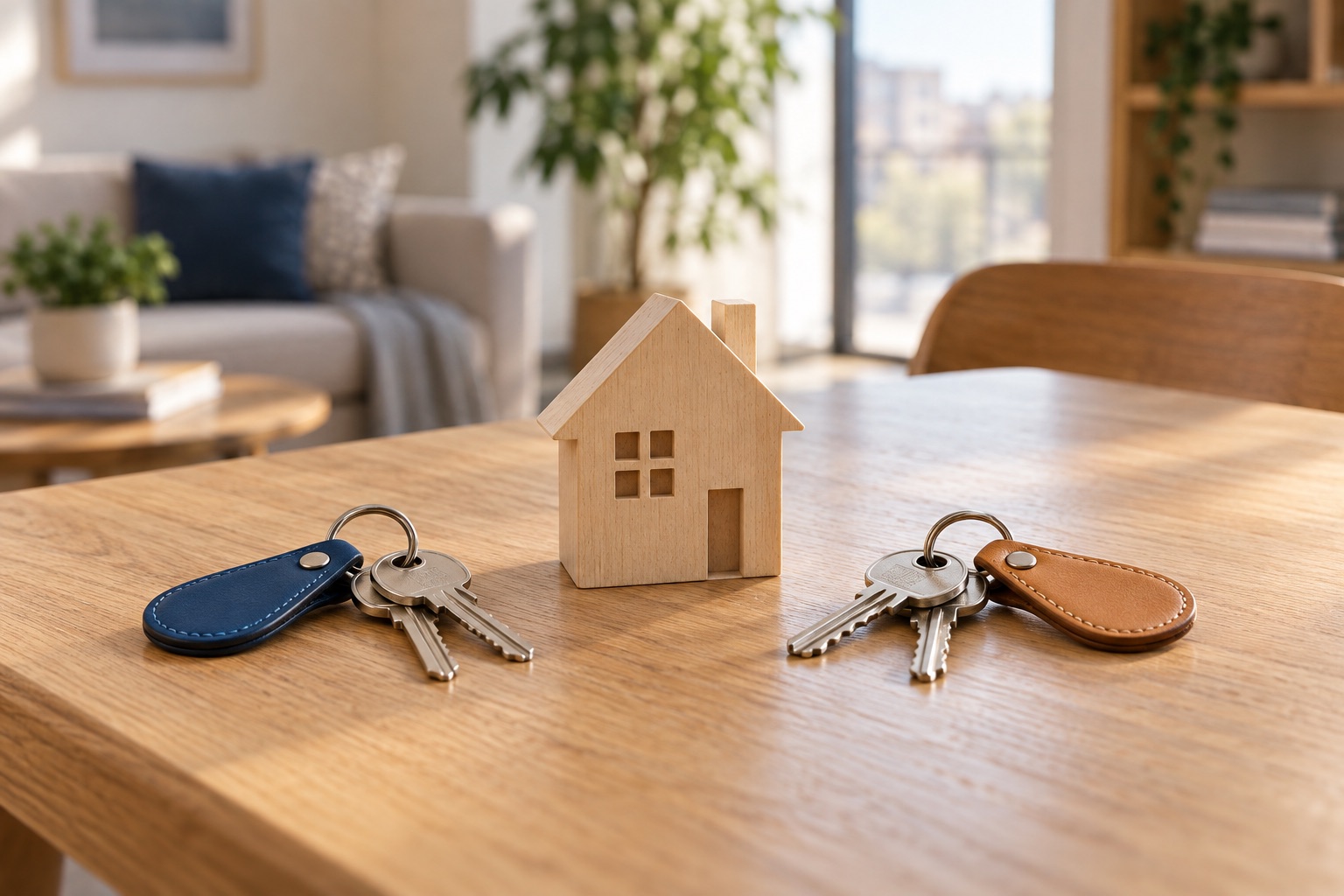 Modello di casa in legno tra due mazzi di chiavi, simbolo di una casa condivisa
