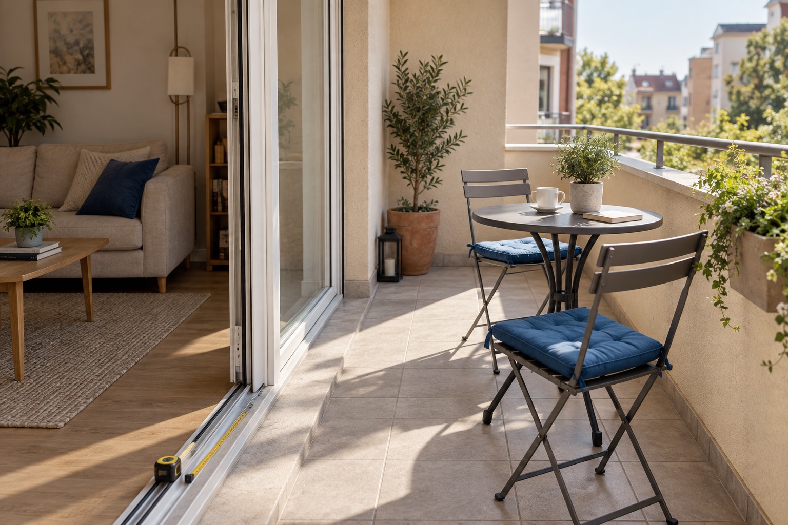 Balcone arredato con passaggio visibile e metro alla soglia, esempio di informazioni concrete per l'annuncio