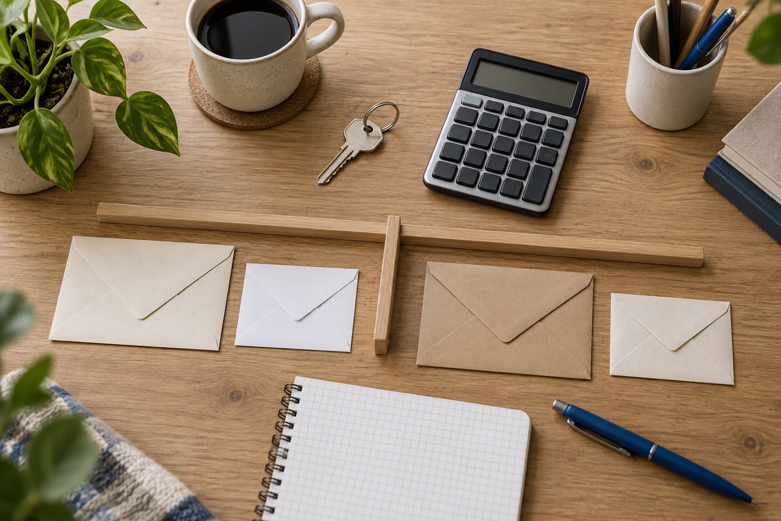 Scrivania con chiave, calcolatrice spenta, buste e quaderno per ricostruire costi e disponibilità