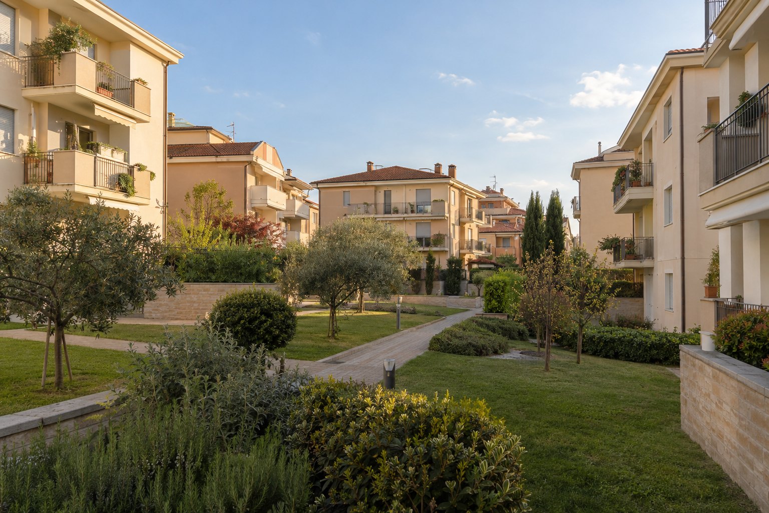 Quartiere residenziale con palazzine, giardini e percorsi pedonali