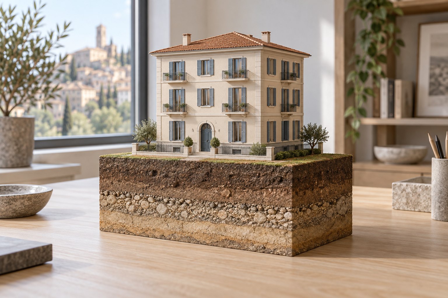 Modello di un edificio su un blocco di terreno con strati visibili