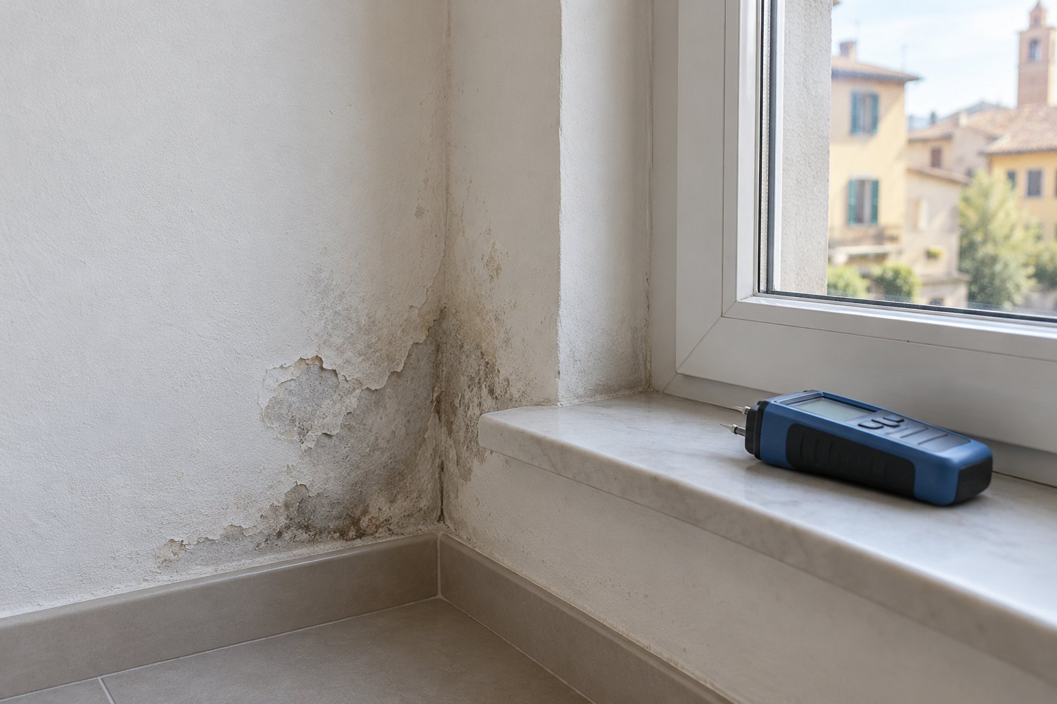 Parete con segni di umidità vicino a una finestra e misuratore sul davanzale